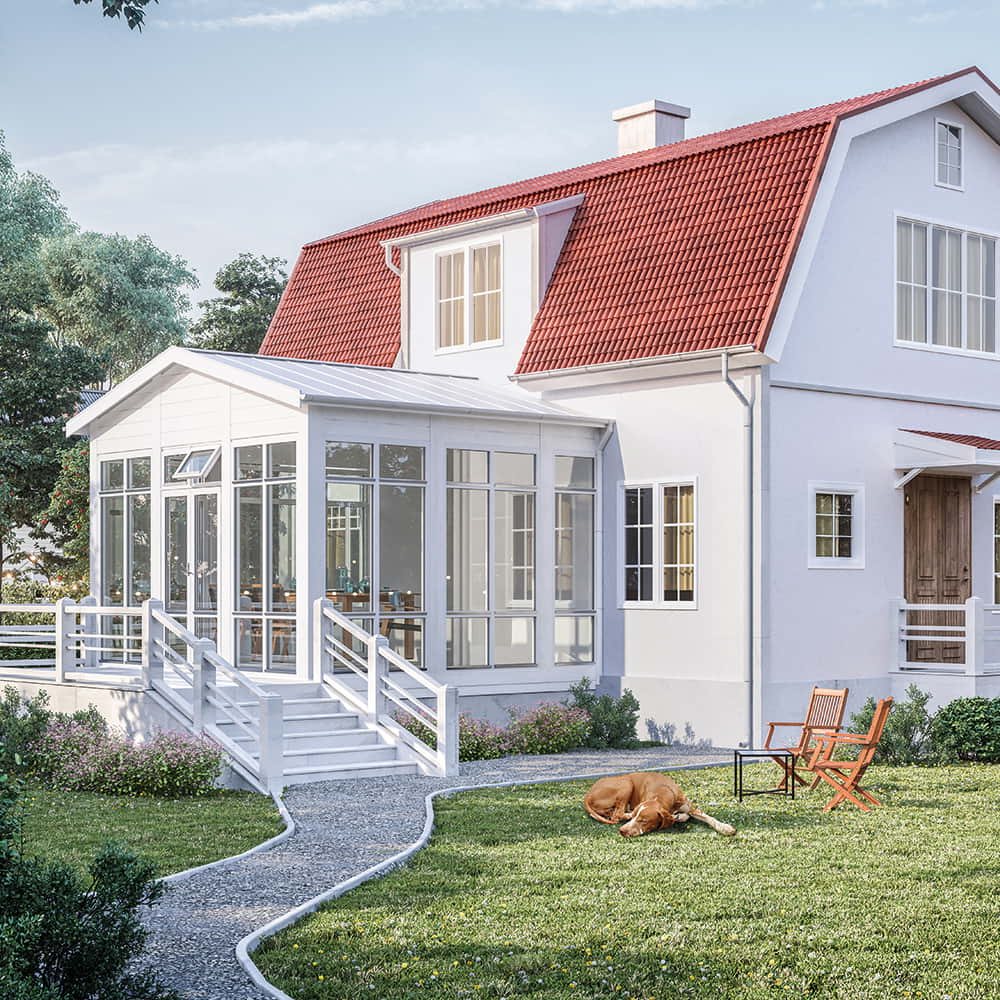 Fasadmonterat Med Sadeltak Andas - Veranda/Uterum 1 Dörr + 1 Överljus, 4680 X 3082 Mm, Plåttak