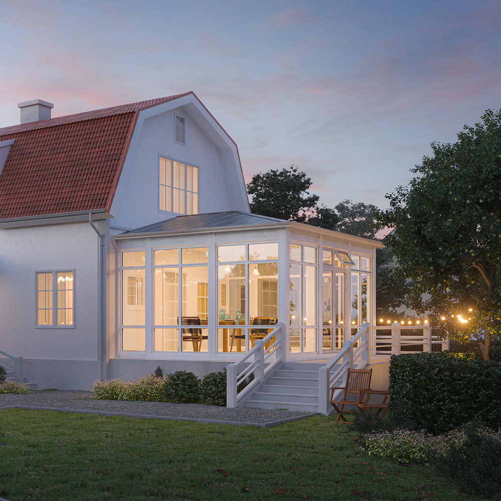 Fasadmonterad Med Valmat Tak Hylla - Veranda/Uterum 4680 X 3902 Mm, 1 Dörr + 1 Överljus, Plåttak
