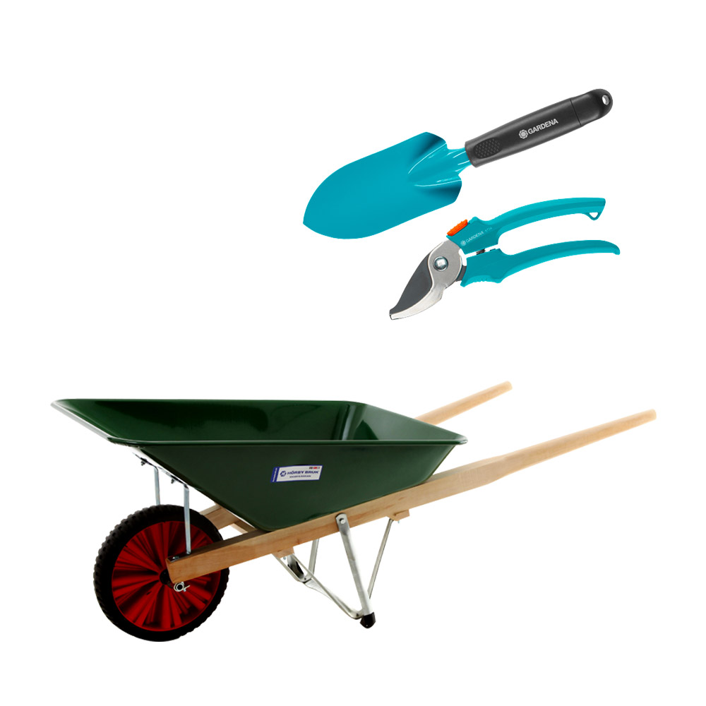 Spade, sekatör och skottkärra Skottkärra + trädgårds-kit